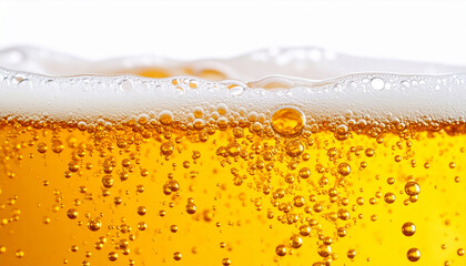 躍動感流動感ある泡がはじける黄金色ビールの断面マクロ撮影 – Macro Shot of Golden Beer with Bursting Bubbles in Cross-Section View