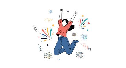 A woman jumping with joy celebrating a successful achievement surrounded by colorful confetti and fireworks in a festive mood for special occasions and victories
