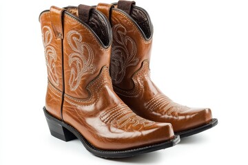 Brown leather cowboy boots featuring white embroidery design displayed on white background for product presentation and online marketplace