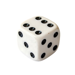 A classic white game die with black pips for playing and gambling isolated on a transparent background png