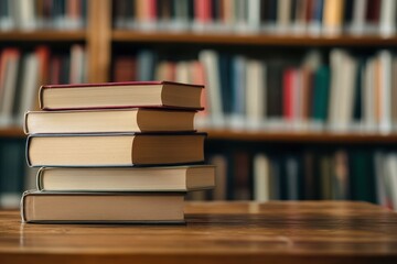 Collection of books stacked on a wooden table in a cozy library setting with blurred bookshelf in background