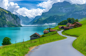 Lakes and small villages surrounded by mountains