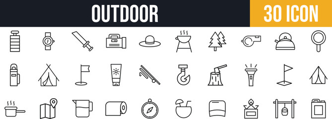 Outdoor & adventure Icon Set. Hiking, Survival Gear, Nature, and Exploration Tools icon pack