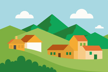 Serene Mountain Village A Picturesque Landscape Illustration