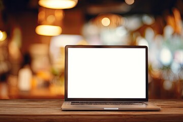 Laptop on a wooden table in a cafe (3)