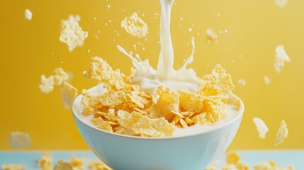 Milk pouring into a bowl of cornflakes, creating a splash and airborne cereal pieces against a yellow background.