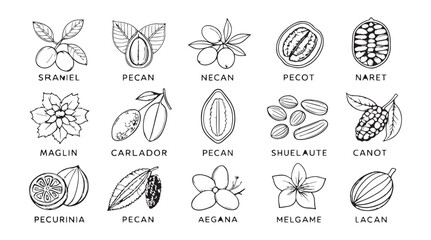 Collection of hand drawn botanical illustrations of various fruits and seeds in silhouette style