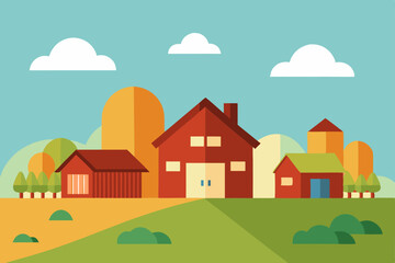 Farmhouse Landscape Illustration Idyllic Rural Scene with Barns and Hay Bales