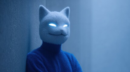 Furry anthropomorphic cat person with glowing eyes, artificial intelligence, blue