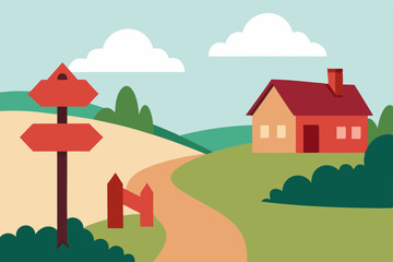 Fototapeta premium A cartoon vector illustration of a summer village landscape with houses on a hill, surrounded by trees and green fields under a clear sky