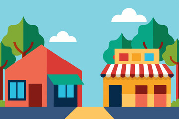 Vector illustration of houses and homes in a charming village landscape with trees, sky, and hills