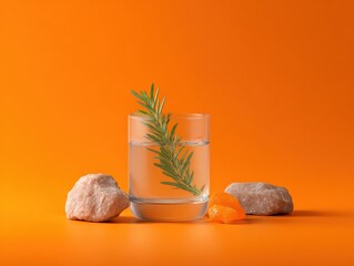 Rosemary infused water with stones on orange background. Wellness, healthy, spa, calm