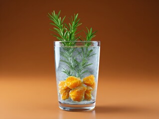Rosemary sprigs, orange slices and ice in glass, refreshing citrus drink concept
