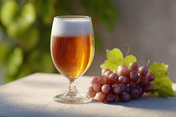 Amber beer with grapes on table, refreshing drink for relaxation, summer mood.