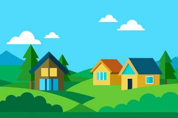 A vector illustration of a charming village landscape featuring houses nestled in the mountains under a clear sky, surrounded by trees and green fields
