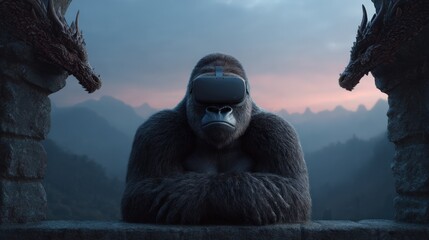 Gorilla wearing VR headset watches dragons in virtual reality fantasy world