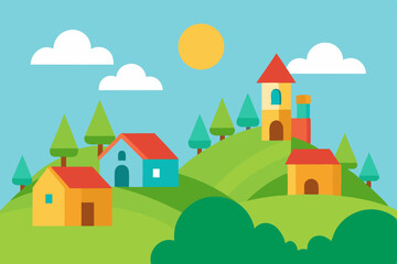 Naklejka premium House on a hill vector illustration, a charming cartoon village landscape with trees, sky, and summer sun