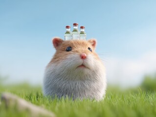 Hamster with water bottles on head in grass, cute, humor, pet, animal, small, dwarf