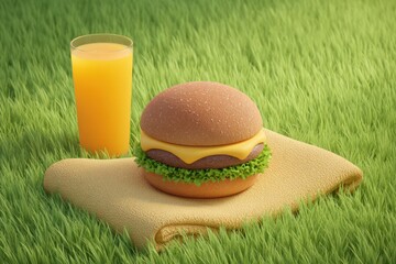 Picnic with burger and orange juice on grass, healthy lifestyle, freshness