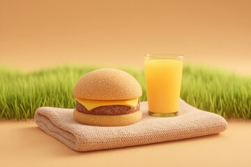 Cheeseburger and orange juice on towel outdoors for picnic, meal concept, fresh food