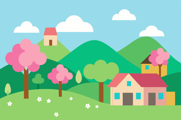 Fototapeta premium Vector illustration of a summer landscape with houses and trees under a clear sky