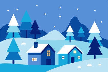 Christmas winter landscape with houses and trees, a snowy village scene illustration