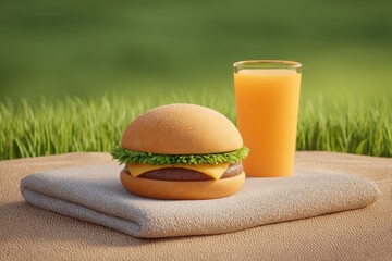 Cheeseburger and orange juice on towel outdoors, refreshing summer meal, picnic