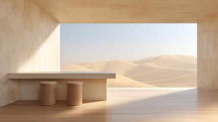 Minimalist interior, desert view, tranquil scene, modern design, wooden stools, light, architecture, beige, room, sand