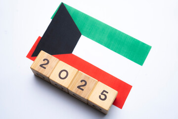 2025, Kuwait, Kuwait flag with date block, Concept, Important events for Kuwait in the new year,...