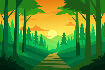 Vibrant landscape of a forest at sunset, with trees, green grass, and a blue sky showing the sun through the clouds over a watery meadow