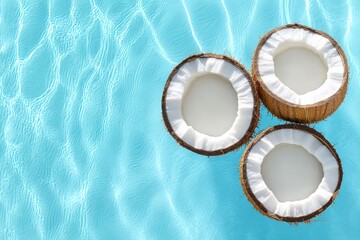 Three Halved Coconuts Floating in Clear Blue Pool Water