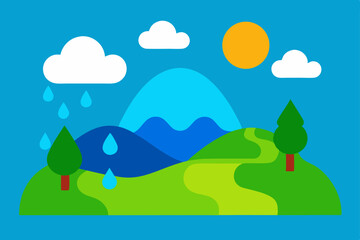 Fototapeta premium Mountain landscape with green trees, clouds, and a bright sky illustration
