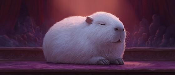 Fluffy white capybara resting peacefully, cute rodent illustration indoors, calm animal
