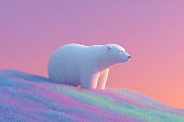 Polar bear on vibrant, colorful grass hill with dreamy pink background, wildlife, animal