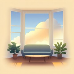 Living room interior with sofa, coffee table, plants, and window view of sunny clouds