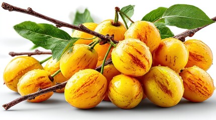 Fresh yellow plums with leaves