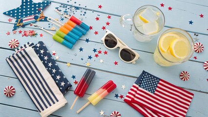 A trendy flat lay design with Fourth of July accessories, snacks, and party supplies in red, white, and blue arranged aesthetically on a festive surface