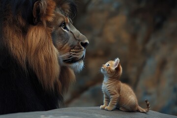 Curious kitten gazes up at majestic lion in the safari under soft afternoon light showcasing their stark size difference and the beauty of nature