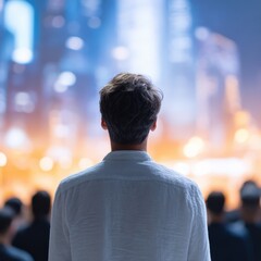 Man watching cityscape at night, back view of one person facing urban scene