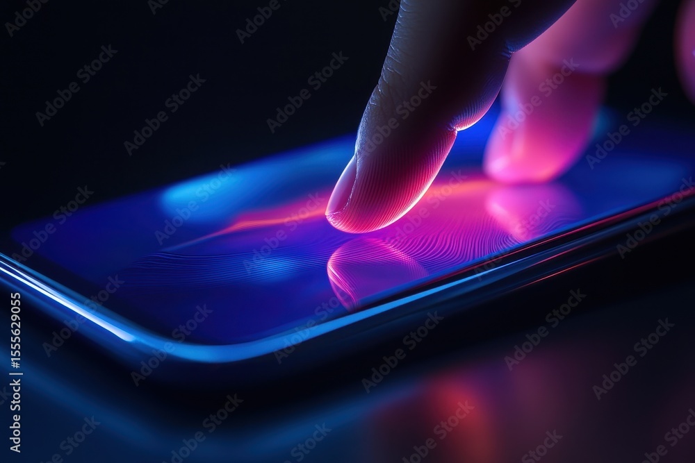 Poster finger touches touchscreen smartphone in dark environment showcasing vibrant display and sleek desig