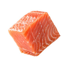 A single cube of fresh raw salmon fish meat falling down isolated on a transparent background png