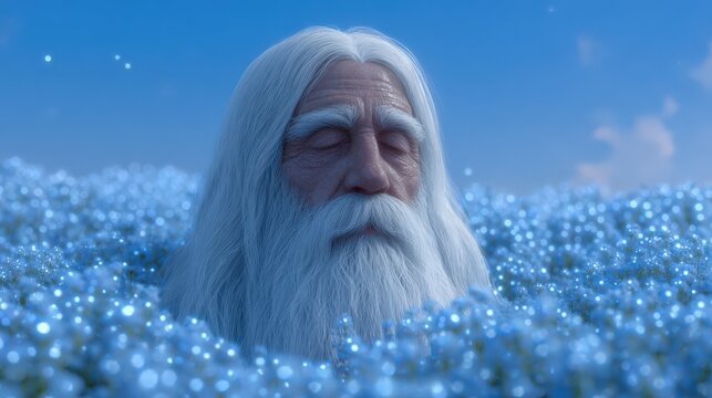 Senior man with beard resting in flower field, eyes closed, calm and peaceful concept