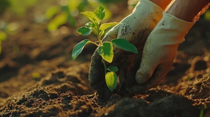 Planting a Seedling: Hands Gently Placing a Young Plant into Soil