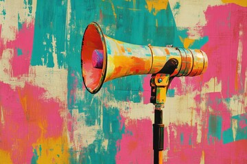 Collage art featuring a megaphone against a vibrant background representing protest and activism expression in a public setting