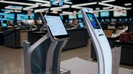 Modern self service checkout machine displays payment options on its touchscreen in a brightly lit supermarket, offering convenient and contactless shopping experience
