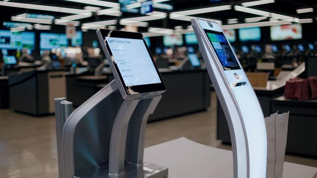 Modern self service checkout machine displays payment options on its touchscreen in a brightly lit supermarket, offering convenient and contactless shopping experience