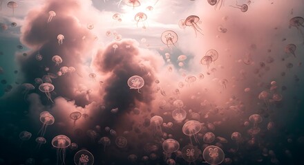 Jellyfish Swarm Floating Underwater Pink Cloud Atmosphere