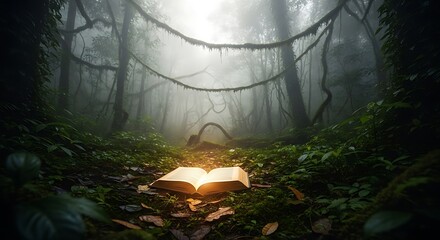 Open Book in Mysterious Forest Glowing with Light