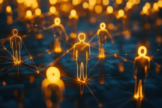 Connecting professionals through networks using glowing figures and lines to represent relationships in a digital space during nighttime