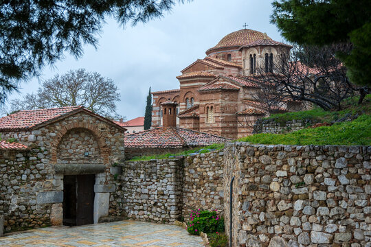 Holy Monastery of Hosios Loukas near the town of Distomo, in Boeotia, Greece. The monastery is a masterpiece of medieval Byzantine architecture and known for beautiful mosaics.